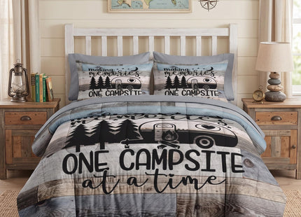 Zzzboro 7 Piece Comforter Set Queen Size,Camping Camper Rv Bedding Set with Fitted Sheet 2 Pillowcases & 2 Shams Forest Mountain Bed in a Bag for Kids and Adults