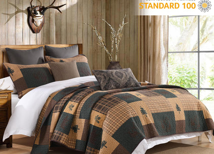 Finlonte Quilt King Size, 100% Cotton Cabin King Quilt, Lodge Cabin Farmhouse King Comforter Sets, Lightweight Reversible Qulted Bedspread Set for All Seasons, Dark Brown/Dark Green