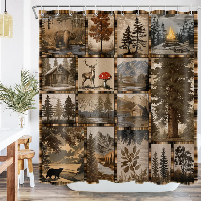 YRWSU Rustic Cabin Shower Curtain for Bathroom, Woodland Bear Deer Forest Mountain Pine Tree Design, Vintage Hunting Country Decor Set with 12 Hooks, 72x72 Inch