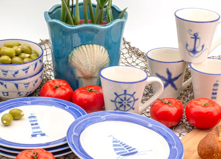 Euro Ceramica Ahoy Collection Nautical 8.7" Ceramic Salad/Dessert Plates, Set of 4, Assorted Designs, Blue & White