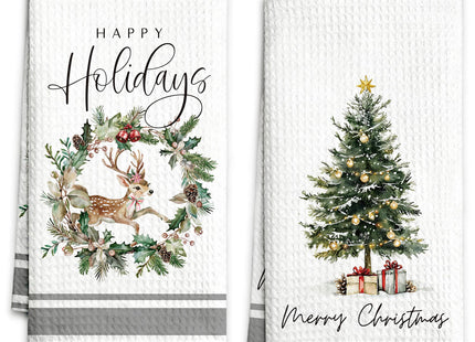 Geuro Christmas Kitchen Towels Set of 2, Xmas Tree Dish Towel 16x24 Inch Rustic Christmas Wreaths Reindeer Bath Hand Towel, Farmhouse Winter Kitchen Tea Towels Decorative for Home