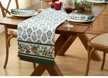 Newbridge Christmas Holly Pinecone Border 70 Inch Round Fabric Tablecloth, Holiday Hunter Green Border on White Background Fabric Table Cover for Dinner Party and Banquet