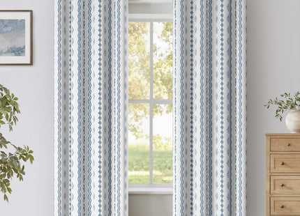 NICETOWN 100% Blackout Boho Curtains for Bedroom 2 Panels, W52 x L84 in, Coastal Rustic Floral Indigo Zigzag Patterned Thermal Insulated Drapes for Beach House, Bohemian Full Light Blocking Shades