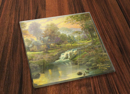 Thomas Kinkade Mountain Scenes Mountain Cabin Sunset 4 x 4 Coaster Set