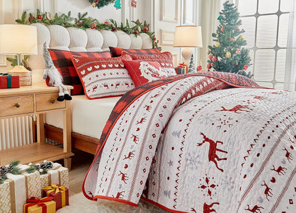 Christmas Quilt Set King Size 101x88 - White Stripes Red Deer Snowflake Cubes Gray Heart with Red Plaid - Xmas New Year Gingham Style Microfiber Winter Bedding Coverlet Thanksgiving Holiday Bedspread
