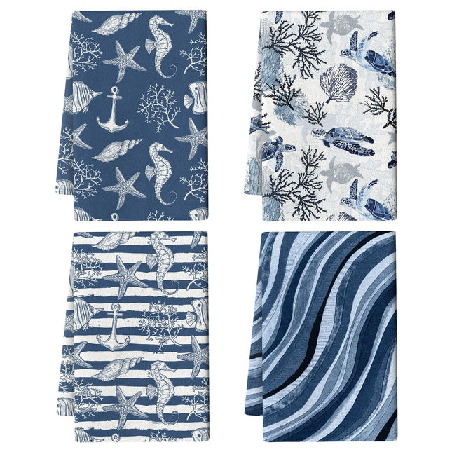 Pintukee Blue Nautical Seahorse Corals Sea Turtle Kitchen Dish Towels Decorative Set of 4, Absorbent Coastal Tea Hand Towels for Kitchen Farmhouse Housewarming Bar Ocean Themed Decor