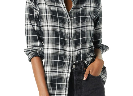 Amazon Essentials Women's Regular-Fit Long-Sleeve Lightweight Plaid Flannel Shirt with Brushed Finish, Shirttail Hem, Black White Large Plaid, Large