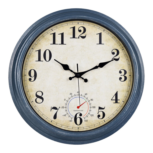 Horizent Large Outdoor Clocks Waterproof with Thermometer Combo Rustic Coastal Wall Clock Decor for Bathroom Patio Pool (16 Inch,Blue)