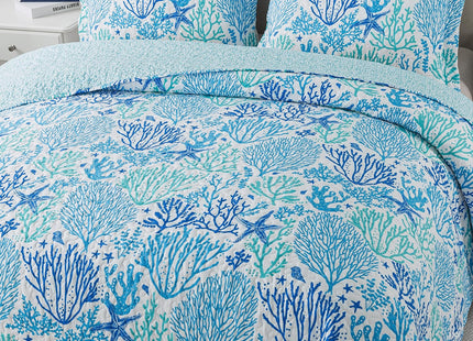 Travan Coastal Quilt Summer & All Season Lightweight Beach Quilt Bedding Set, Blue Coral Queen