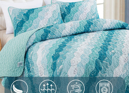 Dinjoy Coastal Quilts King Size, Blue Green Ocean Beach Themed Bedding Set