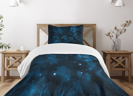 Lunarable Night Sky Bedspread, Spooky View Through Forest Branches Trees Foggy Sky with Stars, Decorative Quilted 2 Piece Coverlet Set with Pillow Sham, Twin Size, Sky Blue