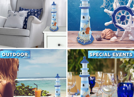COTA Global Light Blue Stripes Lighthouse Decor - Handmade and Crafted Wooden Lighthouse Decoration with Crab, Decorative Beach Style Tabletop Centerpiece – 12.25 Inches