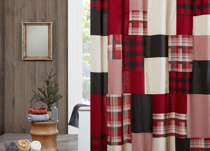 Woolrich Sunset 100% Cotton Shower Curtain, Cabin Lodge Plaid Pieced Design with Built-in Liner, Farmhouse Bathroom Decor, Machine Washable, Fabric Privacy Screen 72x72, Red