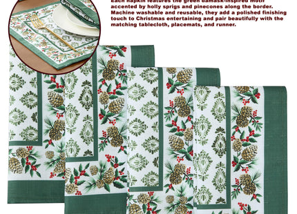 Newbridge Christmas Holly Pinecone Border 60 x 84 Inch Rectangle Fabric Tablecloth, Holiday Hunter Green Border on White Background Fabric Table Cover for Dinner Party and Banquet