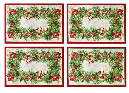 Newbridge Christmas Holly Ribbon Traditions Bordered Set of 4 Fabric Placemats, Boughs of Holly and Berry Ribbon Garland Dining Placemats for Holiday Party