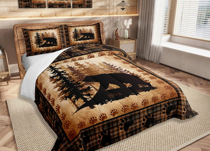 Castle Fairy Bear Print Comforter Set Queen Size,Wild Animal Hunt Pine Trees Retro Bedding Set for Women Adult,Rustic Grid Plaid Cabin Decor Luxury Bed Duvet Insert, 2 Pillowcases