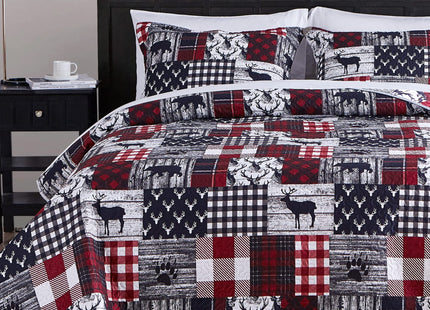 UMCHORD Cabin Quilt Sets King, Christmas Patchwork Rustic Lodge Deer Quilt Bedding Set, All Season Lightweight Reversible Bedspread Coverlet with 2 Pillow Shams