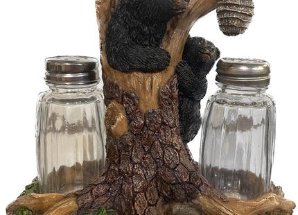 Pine Ridge Bear Salt And Pepper Shaker - Two Glass Shakers, Bear In Tree Holder Caddy For Spices And Seasonings, For Kitchen, Dining Or Table Décor