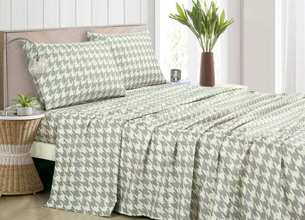 Chezmoi Collection 4-Piece Lodge Plaid Sheet Set Queen - Gray Houndstooth Printed Brushed Microfiber Lightweight Breathable Deep Pocket Bed Sheets