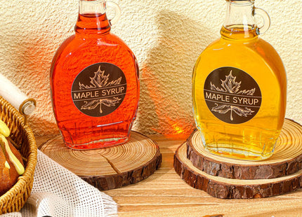 FoldTier 12 Pcs 8 oz Glass Maple Syrup Bottles Clear Reusable Glass Bottles with Lids Loop Handle and Maple Syrup Stickers Jars Container for Milk Potion Juice Sauce Oil Storage Gift(Stylish)