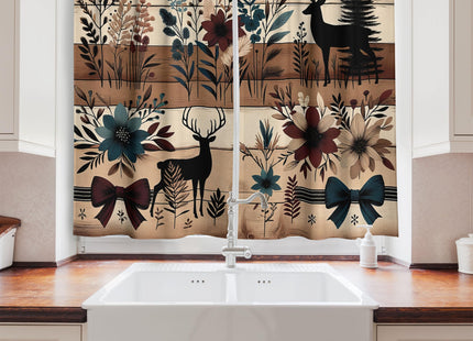 Ambesonne Woodland Kitchen Curtains, Modern Scandi Deer and Leafy Floral Huddle on Farmhouse Rustic Back, Window Drapes 2 Panel Set for Kitchen Cafe Decor, 55" x 36", Caramel Beige Dark Teal