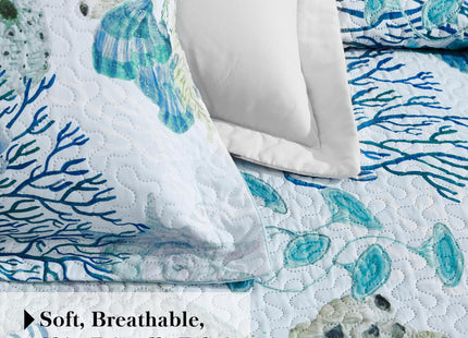 Tritard 3 Piece Coastal Beach Quilt Set King Size Ocean Beach Themed Bedding Set Microfiber Lightweight Bedspread Coverlet with 2 Shams Starfish Coral Seashell Bed Covers for All Season, 106''x96''