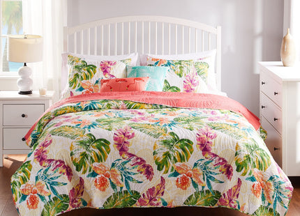 Greenland Home Tropics Palm Leaves Coastal Cotton Blend Quilt Set, 2-Piece Twin/XL, Coral