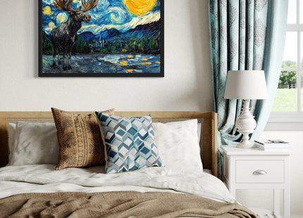 Moose Unframed Art Print Poster, Animal Van Gogh Starry Night Nature Theme Wall art Painting Decor, Art Home Artwork For Bedroom, Bathroom Living Room 79B (Moose, 36"L x 24"W, Unframed)