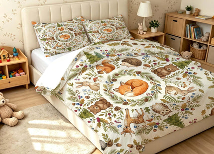 VTKON Woodland Animals Comforter Set Twin, 2Pcs Cute Fox Pattern Forest Creature Pattern Bedding for Girls, Soft Microfiber Duvet with 1 Comforter and 1 Pillowcase All Season