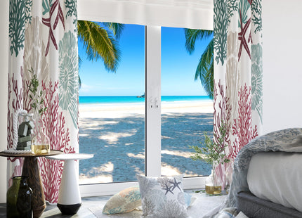 Llylumty Coastal Window Curtains Grommet Drapes Nautical Ocean Beach Sea Shells Starfish Themed Window Curtains,Grommet Blackout Curtain for Living Room Kitchen,Red Green 42x45in