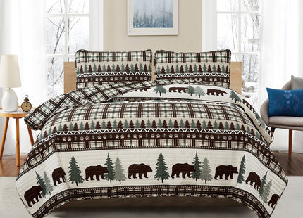 3 Piece Reversible Quilt Set with Shams | All-Season Soft & Lightweight Bedspread | Rustic Lodge Cabin Printed Plaid Design | Cedar Creek Collection (King, Chocolate/Green)