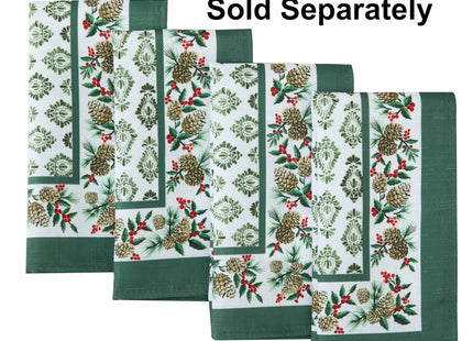Newbridge Christmas Holly Pinecone Border 70 Inch Round Fabric Tablecloth, Holiday Hunter Green Border on White Background Fabric Table Cover for Dinner Party and Banquet
