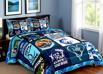 Manfei Go Fishing Kids Comforter Set Twin Size,Bass Fish Hook Geometric Plaids Bedding Set,Boys Girls Adults Room Decor,Sea Waves Rustic Camper Down Comforter,Blue Fashion Duvet Insert,1 Pillowcase