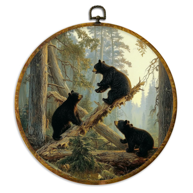 XPH Vintage Forest Bear Round Wall Art Framed, Rustic Farmhouse Black Bear Circle Wall Decor, Cottagecore Wild Animal Hanging Canvas Prints for Home Bedroom Living Room Decoration, 10x10 Inch