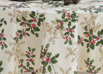 Newbridge Christmas Ivory Golden Holly 60x84” Oval Vinyl Tablecloth