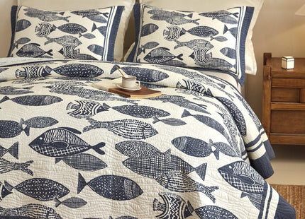 3-Piece Cotton Coastal Quilt Set, Navy Fish Bedspread with Shams, King