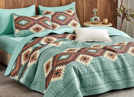 Wake In Cloud - Western Quilt Set, Aztec Southwestern Rustic Farmhouse Country Cabin with Geometric Pattern, Reversible Lightweight Bedspread Coverlet, 3 Pieces