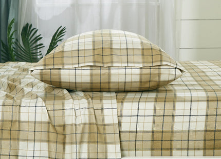 Chezmoi Collection 4-Piece Lodge Plaid Sheet Set Full Size - Tan Beige Blue Plaid Stripe Printed Brushed Microfiber Lightweight Breathable Deep Pocket Bed Sheets