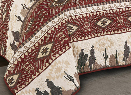 WPM World Products MART Western Beige/Burgundy Cowboy Desert Southwestern Print Bedspread 3 Piece west Theme Cabin Lodge Ranch Design Coverlet Quilt Set-Kadence 22366 (Spice, Queen)
