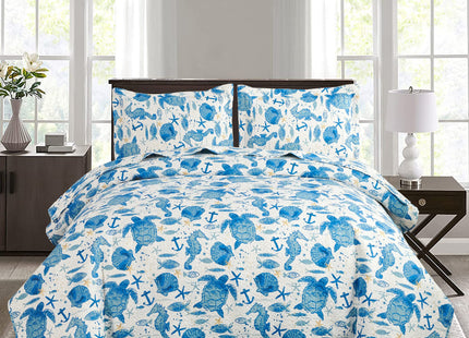 Coastal Beach Quilt Set - Queen Size Ocean Bedding Reversible Quilt Sea Turtle Blue