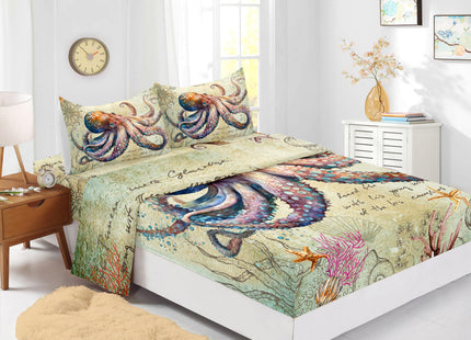 XYNHML Retro Octopus Fitted Sheet Set Queen 4Pcs Nautical Coastal Compass Quilt Bed Sheet Starfish Jellyfish Seaweed Bedding Set for Boy Teen Adult Includes 1 Fitted Sheet,1 Flat Sheet,2 Pillowcases