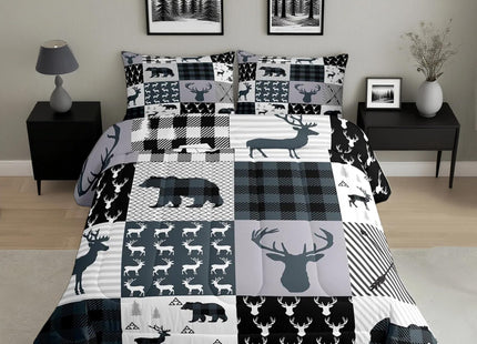 Feelyou Rustic Deer Bear Comforter Set Full, Camping Hunting Comforter Set for Kids Western Farmhouse Comforter Bear Antler Silhouette Duvet Set Breathable Quilt Set 3Pcs