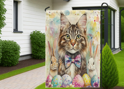 Spring Easter Maine Coons Cats Garden Flags 12x18 Inch Double Sided for Outside, Cute Bunny Eggs Pattern Standard Canvas House Flags, Pet Front Yard Backyard Lawn Flags