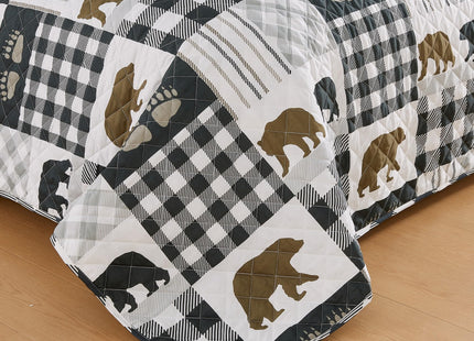 Market & Place 3 Piece Reversible Quilt Set with Shams | Cabin Comforter Bedspread Queen | Rustic Lodge Buffalo Check Design | Cedar Creek Collection (Full/Queen, Green/Taupe)