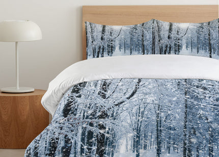 Ambesonne Winter Duvet Cover Set, Snow Covered Forest Idyllic Early Morning Scenery Seasonal Xmas Nature, Decorative 3 Piece Bedding Set with 2 Pillow Shams, Queen Size, Ecru Blue