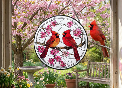 Cardinal Suncatcher, 7.8 Inch Cardinal and Cherry Blossom Flower Stained Glass Suncatcher for Window Hanging Bird Sun Catchers Red Cardinal Gifts for Women