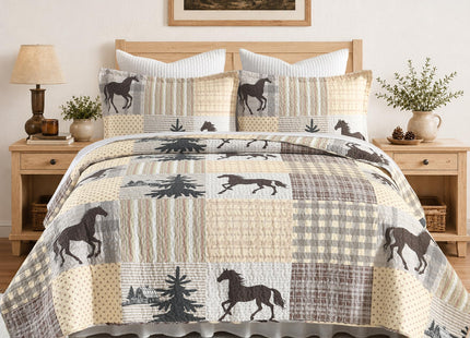 100% Cotton Rustic Lodge Cabin Horse Quilt Set, Beige Brown, Queen 90"x98"