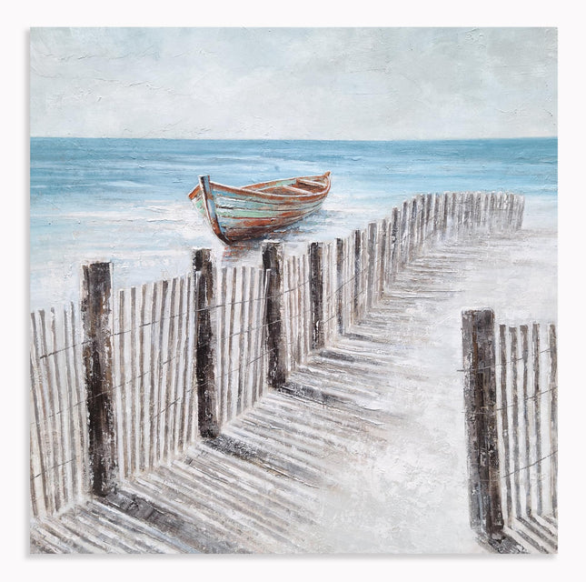 Yihui Arts Beach Canvas Wall Art - Blue Grey Boat Coastal Nautical Square Artwork Painting for Modern Home Decor