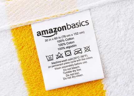 Amazon Basics 100% Cotton Beach Towel, Soft & Absorbent, Fast Drying, Cabana Stripe, Large 30" x 60", Yellow, 2-Pack
