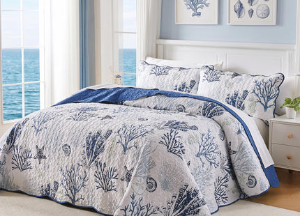 Qucover Coastal Quilt Sets King Size 106x98in, Reversible Microfiber Quilts with 2 Shams Soft Lightweight Beach Bedding Bedspread Coverlet Summer Comforter Set for All Season, Navy Blue